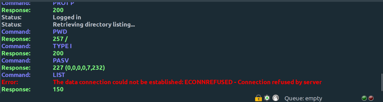 FileZilla 获取文件列表时报错连接被拒绝